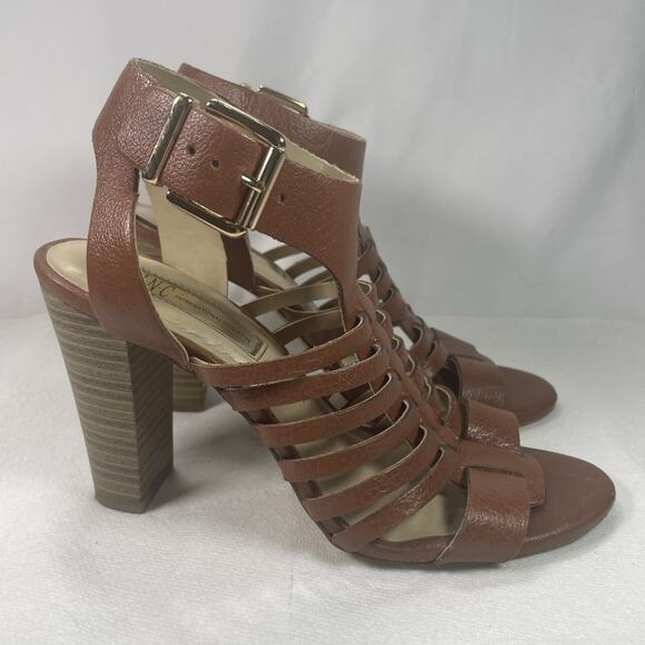 Women’s Brown Leather Open Toe Heels Pump Sz. 7 1/2 INC International Concepts - Picture 1 of 13